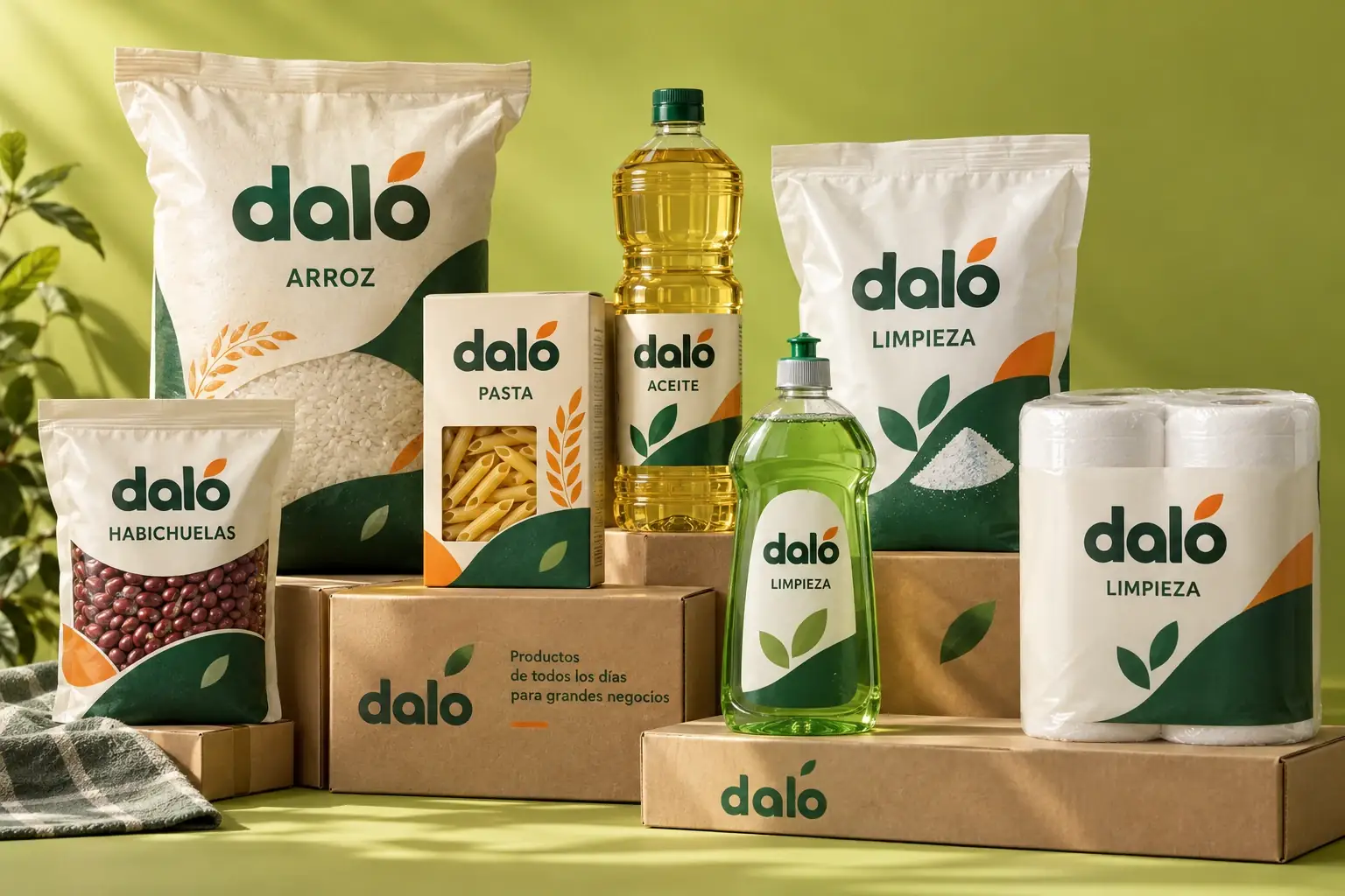 Concepto de productos Dalo: arroz, habichuelas, aceite y limpieza en empaques de marca propia